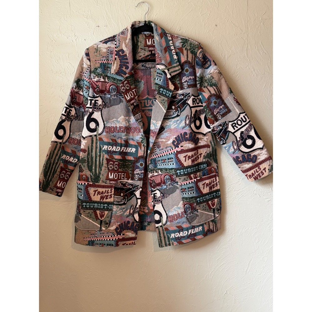Vintage Route 66 Tapestry Blazer Jacket Americana Road Trip Woven Multi Color XL